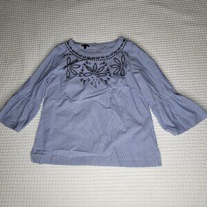 Talbots Pinstriped Embroidered Blue And White Bell Sleeve Women’s Medium Top